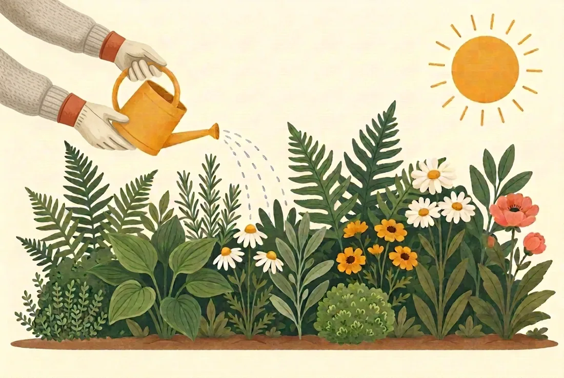 Two gloved hands tip a watering can over a colorful flower garden under a golden sun.